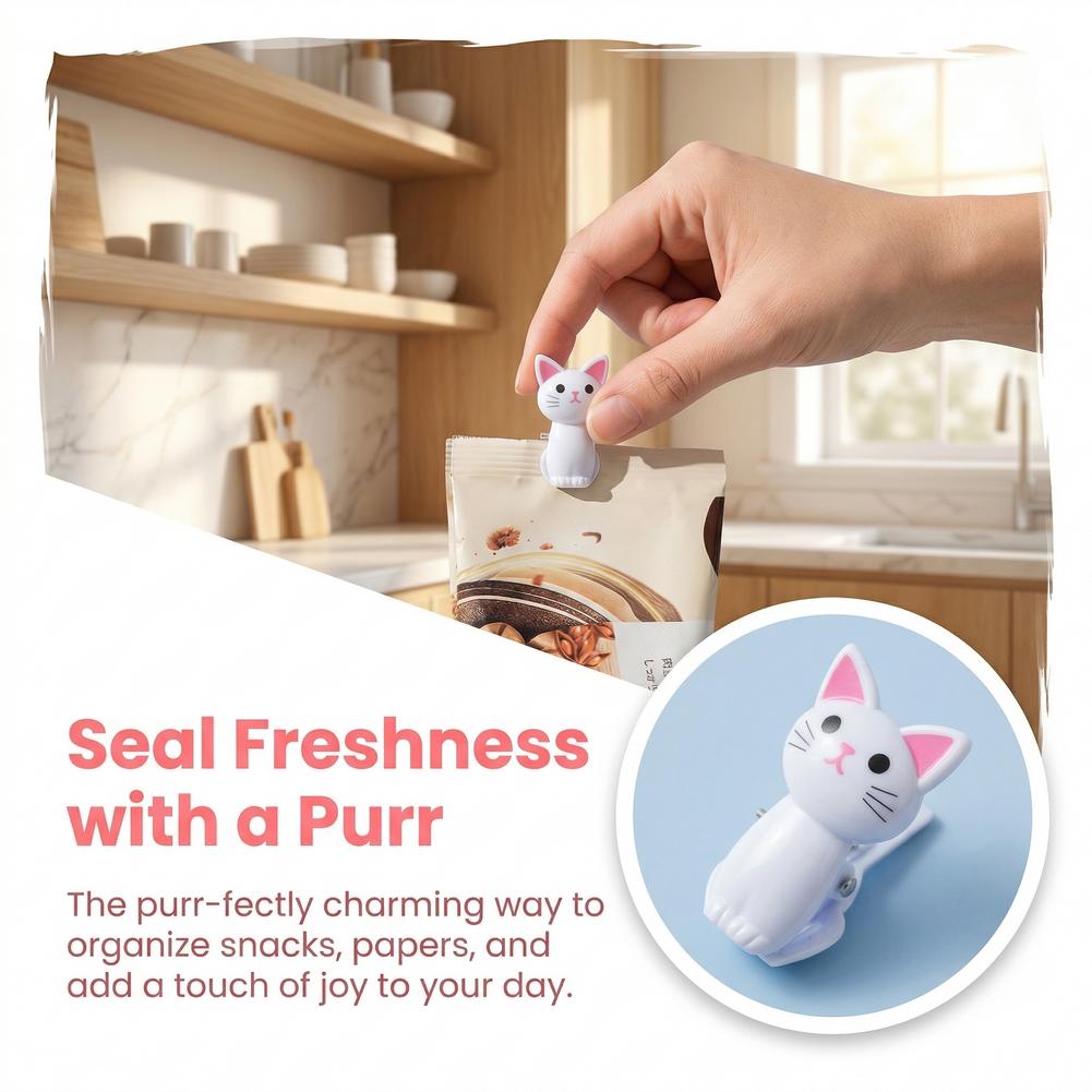 Food Storage Bags Reusable - Sevimli Kedi Şeklinde Çanta Klipsleri, Atıştırmalıklar,